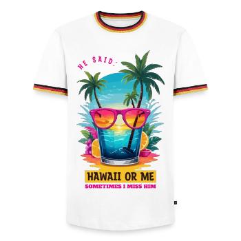 Er sagte: Hawaii oder ich - Männer Kontrast-T-Shirt - Weiß/Dreifarbig - Vorne - AI Model Female 172 light (172cm) & AI Model Male 185 light (185cm)