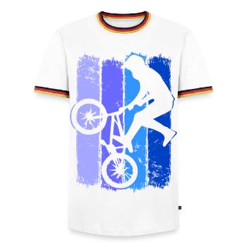 Bmx Retro | Bmx Fahrrad Fahrer Blau | Bmx Bike - Männer Kontrast-T-Shirt - Weiß/Dreifarbig - Vorne - AI Model Female 172 light (172cm) & AI Model Male 185 light (185cm)