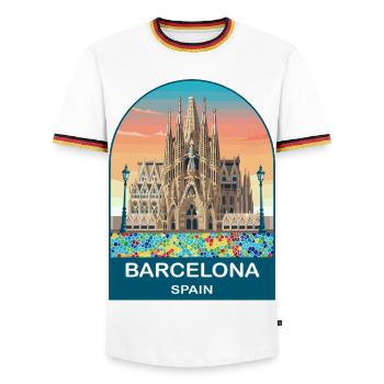 Barcelona Spain Vintage Travel Poster - Men's Ringer Shirt - white/tricolour - Front - AI Model Female 172 light (172cm) & AI Model Male 185 light (185cm)