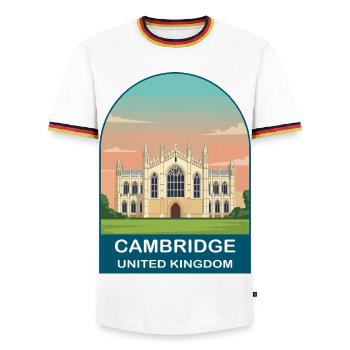 Cambridge UK Vintage-Reiseplakat-Kunst - Männer Kontrast-T-Shirt - Weiß/Dreifarbig - Vorne - AI Model Female 172 light (172cm) & AI Model Male 185 light (185cm)