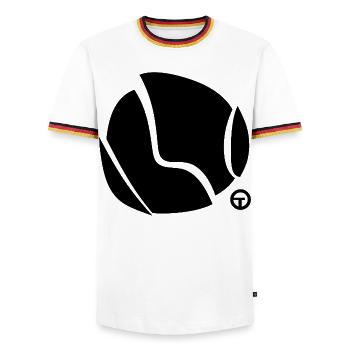 Form1 - Männer Kontrast-T-Shirt - Weiß/Dreifarbig - Vorne - AI Model Female 172 light (172cm) & AI Model Male 185 light (185cm)