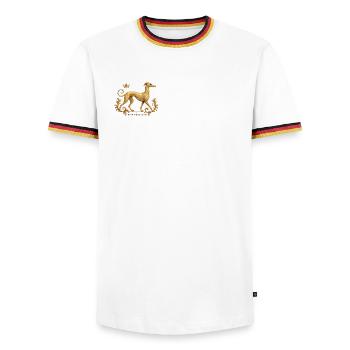 Free the Galgo - Embroidery Nr01 - Men's Ringer Shirt - white/tricolour - Front - AI Model Female 172 light (172cm) & AI Model Male 185 light (185cm)