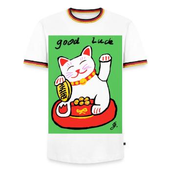 EG Katze I Tier I Winkekatze I Glücksbringer - Männer Kontrast-T-Shirt - Weiß/Dreifarbig - Vorne - AI Model Female 172 light (172cm) & AI Model Male 185 light (185cm)