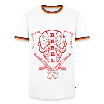 "REBEL EYES – Fearless Expression" red - Men's Ringer Shirt - white/tricolour - Front - AI Model Female 172 light (172cm) & AI Model Male 185 light (185cm)