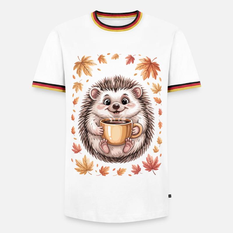 Herbstlicher Igel mit Kaffeebecher - Männer Kontrast-T-Shirt - Weiß/Dreifarbig