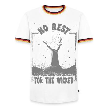 No rest for the wicked - Men's Ringer Shirt - white/tricolour - Front - AI Model Female 172 light (172cm) & AI Model Male 185 light (185cm)
