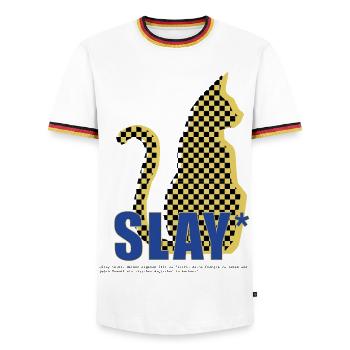 Slay Katze Checker Silhouette - Männer Kontrast-T-Shirt - Weiß/Dreifarbig - Vorne - AI Model Female 172 light (172cm) & AI Model Male 185 light (185cm)