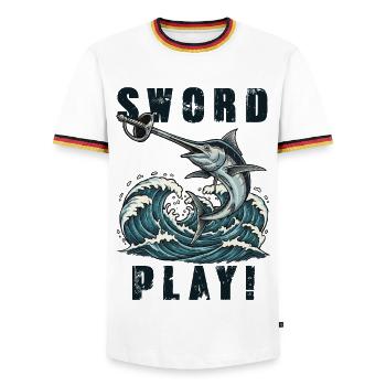 Humour Espadon Sword Play Vintage - T-shirt contrasté Homme - blanc/tricolore - Devant - AI Model Female 172 light (172cm) & AI Model Male 185 light (185cm)