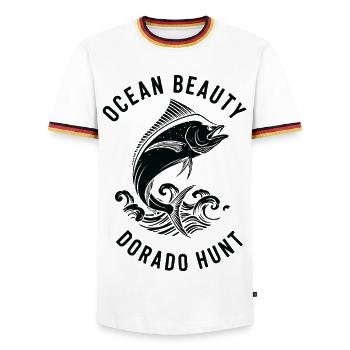 Pêche Mer Dorado - T-shirt contrasté Homme - blanc/tricolore - Devant - AI Model Female 172 light (172cm) & AI Model Male 185 light (185cm)