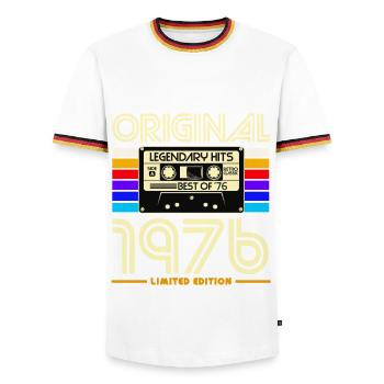 Original 1976 Cassette Retro Edition - Men's Ringer Shirt - white/tricolour - Front - AI Model Female 172 light (172cm) & AI Model Male 185 light (185cm)