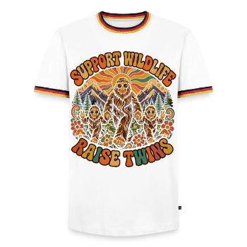 Bigfoot et Jumeaux : Soutenez la Vie Sauvage - T-shirt contrasté Homme - blanc/tricolore - Devant - AI Model Female 172 light (172cm) & AI Model Male 185 light (185cm)