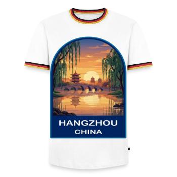 Insigne Retro Sunset du lac Ouest de Hangzhou - T-shirt contrasté Homme - blanc/tricolore - Devant - AI Model Female 172 light (172cm) & AI Model Male 185 light (185cm)