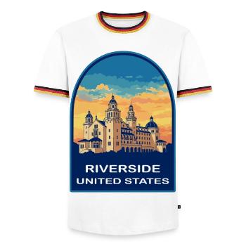 Riverside California Mission Inn Retro Travel Badg - Männer Kontrast-T-Shirt - Weiß/Dreifarbig - Vorne - AI Model Female 172 light (172cm) & AI Model Male 185 light (185cm)