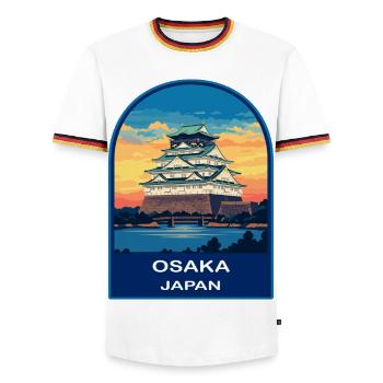 Insigne de voyage rétro Sunset au Japon du château d’Osaka - T-shirt contrasté Homme - blanc/tricolore - Devant - AI Model Female 172 light (172cm) & AI Model Male 185 light (185cm)