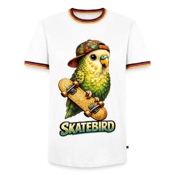 Skatebird – Tropical Parrot with Skateboard & Ca - Men's Ringer Shirt - white/tricolour - Front - AI Model Female 172 light (172cm) & AI Model Male 185 light (185cm)