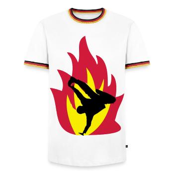 Breakdancer im Feuer - Männer Kontrast-T-Shirt - Weiß/Dreifarbig - Vorne - AI Model Female 172 light (172cm) & AI Model Male 185 light (185cm)