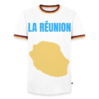 T-Shirt mit goldener Karte auf der Insel La Réunion - Männer Kontrast-T-Shirt - Weiß/Dreifarbig - Vorne - AI Model Female 172 light (172cm) & AI Model Male 185 light (185cm)