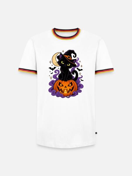 Schwarze Katzenhexe und Heller Kürbis - Männer Kontrast-T-Shirt - Weiß/Dreifarbig