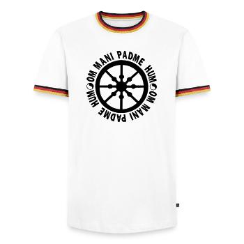 lebensrad mit mantra "om mani padme hum" - Männer Kontrast-T-Shirt - Weiß/Dreifarbig - Vorne - AI Model Female 172 light (172cm) & AI Model Male 185 light (185cm)