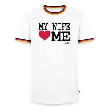 my wife loves me by wam - Men's Ringer Shirt - white/tricolour - Front - AI Model Female 172 light (172cm) & AI Model Male 185 light (185cm)