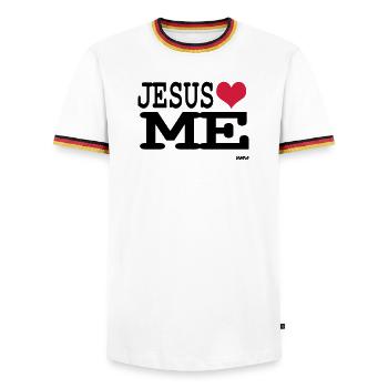 Jesus loves me - foi personnelle - T-shirt contrasté Homme - blanc/tricolore - Devant - AI Model Female 172 light (172cm) & AI Model Male 185 light (185cm)