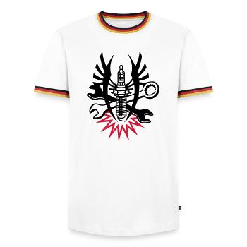 Une bougie d'allumage avec deux clés - T-shirt contrasté Homme - blanc/tricolore - Devant - AI Model Female 172 light (172cm) & AI Model Male 185 light (185cm)