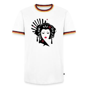 Geisha with headphones - Men's Ringer Shirt - white/tricolour - Front - AI Model Female 172 light (172cm) & AI Model Male 185 light (185cm)