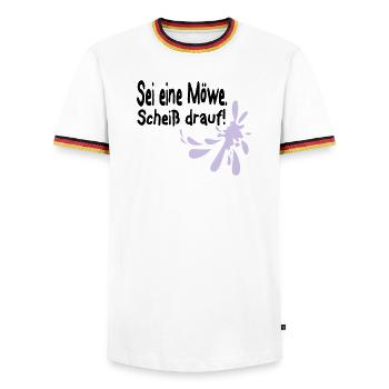 Möwen Scheiß drauf--3 - Männer Kontrast-T-Shirt - Weiß/Dreifarbig - Vorne - AI Model Female 172 light (172cm) & AI Model Male 185 light (185cm)