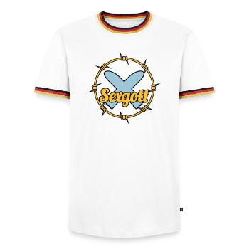 Sexgott | Dildo | Cock - T-shirt contrasté Homme - blanc/tricolore - Devant - AI Model Female 172 light (172cm) & AI Model Male 185 light (185cm)