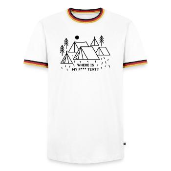 Where is my tent? - Männer Kontrast-T-Shirt - Weiß/Dreifarbig - Vorne - AI Model Female 172 light (172cm) & AI Model Male 185 light (185cm)