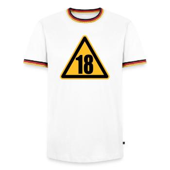 Achtung 18 - Männer Kontrast-T-Shirt - Weiß/Dreifarbig - Vorne - AI Model Female 172 light (172cm) & AI Model Male 185 light (185cm)