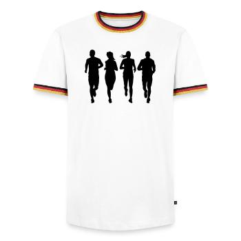 laufende Paargruppe - Männer Kontrast-T-Shirt - Weiß/Dreifarbig - Vorne - AI Model Female 172 light (172cm) & AI Model Male 185 light (185cm)