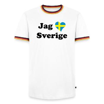 Jag älskar Sverige - J'aime la Suède - T-shirt contrasté Homme - blanc/tricolore - Devant - AI Model Female 172 light (172cm) & AI Model Male 185 light (185cm)