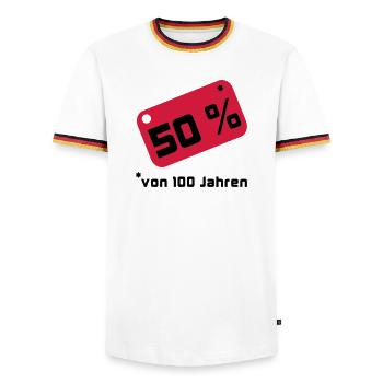 50% ... 100 years - Men's Ringer Shirt - white/tricolour - Front - AI Model Female 172 light (172cm) & AI Model Male 185 light (185cm)