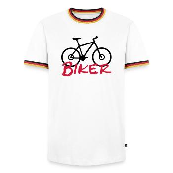biker - Men's Ringer Shirt - white/tricolour - Front - AI Model Female 172 light (172cm) & AI Model Male 185 light (185cm)
