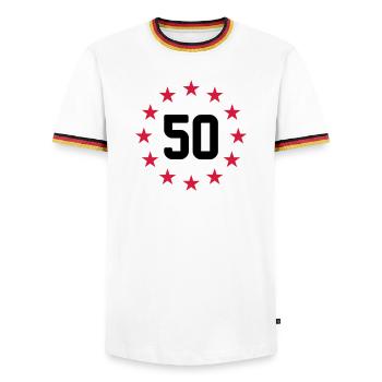 50 years - Men's Ringer Shirt - white/tricolour - Front - AI Model Female 172 light (172cm) & AI Model Male 185 light (185cm)