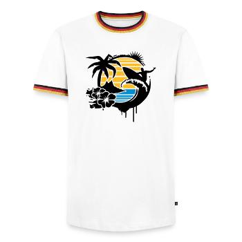 un palmier, fleurs d'hibiscus, une île,une vague - T-shirt contrasté Homme - blanc/tricolore - Devant - AI Model Female 172 light (172cm) & AI Model Male 185 light (185cm)
