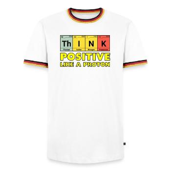 Think positively, like a proton - Men's Ringer Shirt - white/tricolour - Front - AI Model Female 172 light (172cm) & AI Model Male 185 light (185cm)