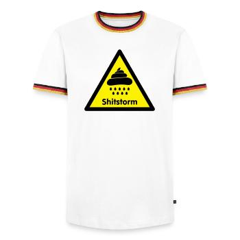 Caution shit / flame was [2 color] - Men's Ringer Shirt - white/tricolour - Front - AI Model Female 172 light (172cm) & AI Model Male 185 light (185cm)