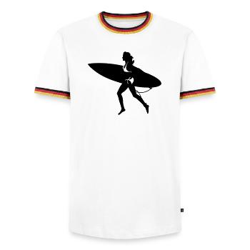 surfing girl - Men's Ringer Shirt - white/tricolour - Front - AI Model Female 172 light (172cm) & AI Model Male 185 light (185cm)
