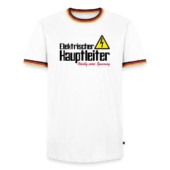 Hauptleiter -Ständig unter Spannung - Männer Kontrast-T-Shirt - Weiß/Dreifarbig - Vorne - AI Model Female 172 light (172cm) & AI Model Male 185 light (185cm)