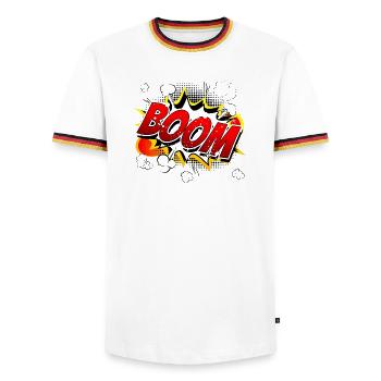 Boom Comic Grafik - Männer Kontrast-T-Shirt - Weiß/Dreifarbig - Vorne - AI Model Female 172 light (172cm) & AI Model Male 185 light (185cm)