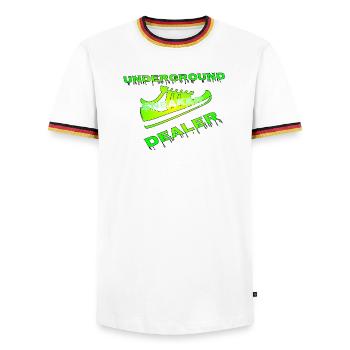 vendeur de chaussures - T-shirt contrasté Homme - blanc/tricolore - Devant - AI Model Female 172 light (172cm) & AI Model Male 185 light (185cm)