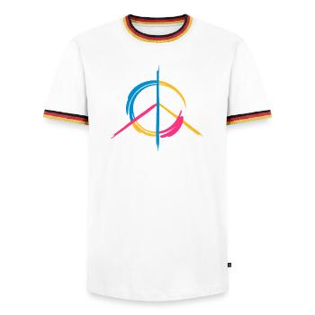 A colorful peace symbol as a graffito - Men's Ringer Shirt - white/tricolour - Front - AI Model Female 172 light (172cm) & AI Model Male 185 light (185cm)