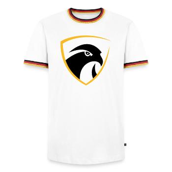 Falcon Logo - Männer Kontrast-T-Shirt - Weiß/Dreifarbig - Vorne - AI Model Female 172 light (172cm) & AI Model Male 185 light (185cm)