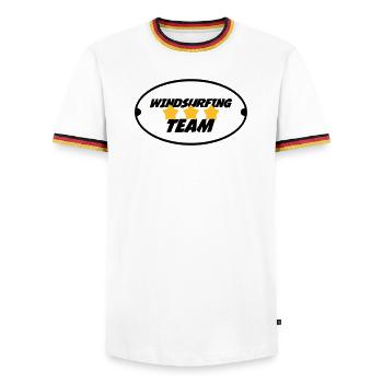 Windsurfing / Windsurfen / Planche à voile - Männer Kontrast-T-Shirt - Weiß/Dreifarbig - Vorne - AI Model Female 172 light (172cm) & AI Model Male 185 light (185cm)
