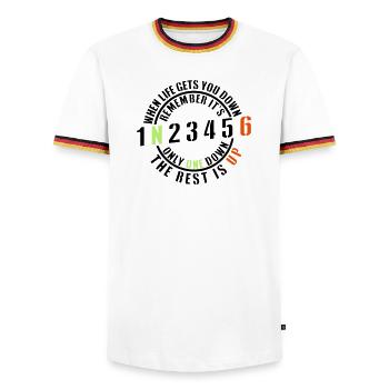 1N23456 - When Life gets you down - Men's Ringer Shirt - white/tricolour - Front - AI Model Female 172 light (172cm) & AI Model Male 185 light (185cm)