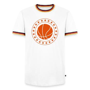 Basketball - Basket Ball - Game - Sport - Player - Men's Ringer Shirt - white/tricolour - Front - AI Model Female 172 light (172cm) & AI Model Male 185 light (185cm)