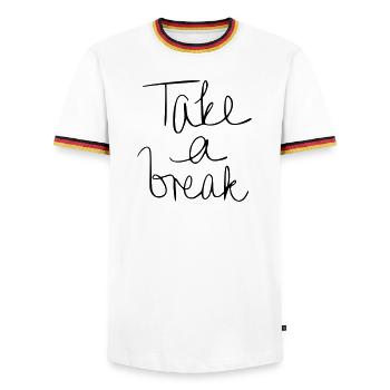 Take a break - Men's Ringer Shirt - white/tricolour - Front - AI Model Female 172 light (172cm) & AI Model Male 185 light (185cm)