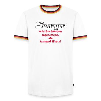 Schlager Party , Schlager Musik , Schlager Worte - Männer Kontrast-T-Shirt - Weiß/Dreifarbig - Vorne - AI Model Female 172 light (172cm) & AI Model Male 185 light (185cm)